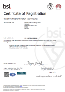 BSI Certificate of Registration Quality Management System ISO 9001:2015